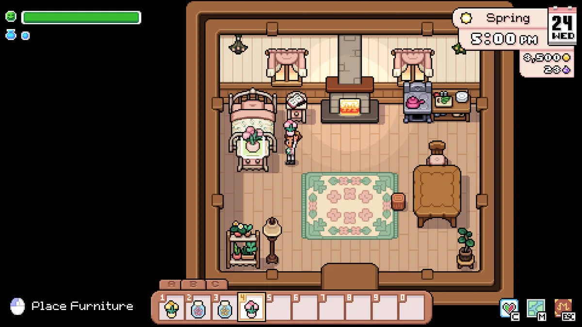 Furniture placement in a Fields of Mistria house, showing the game's action prompts