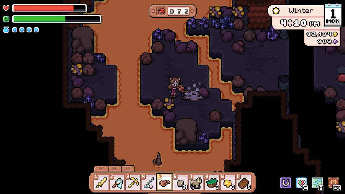 A torch-lit lava cave deep in the Mines of Fields of Mistria