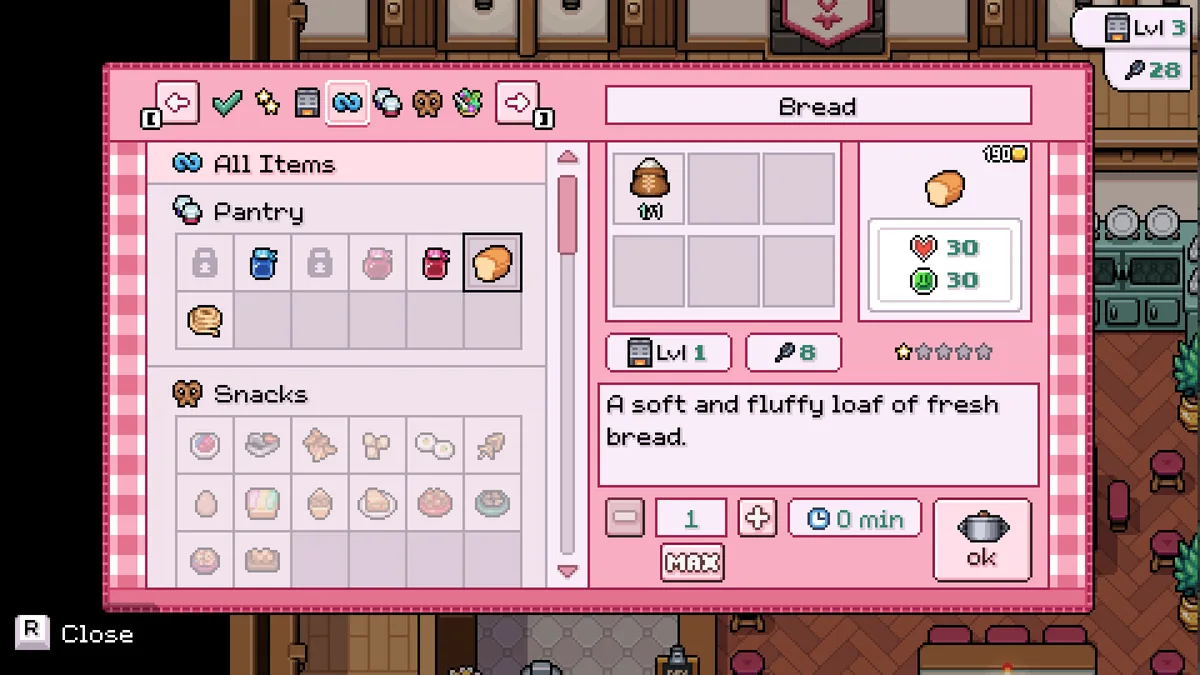 The pantry menu screen in Fields of Mistria, showing PC interface elements