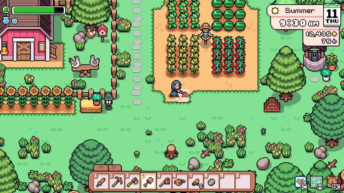 A summer farm in Fields of Mistria with a barn, crops, and fences