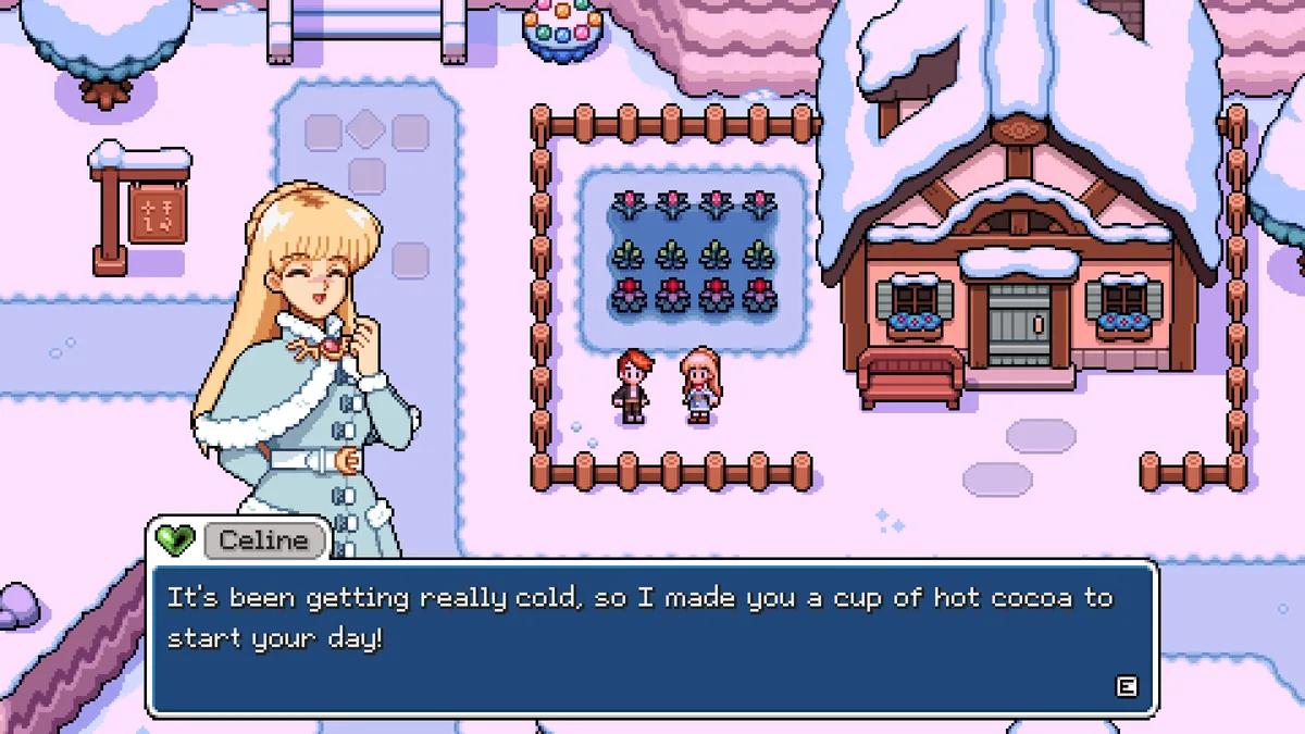A dialogue box with English text in Fields of Mistria, showing Adeline in winter