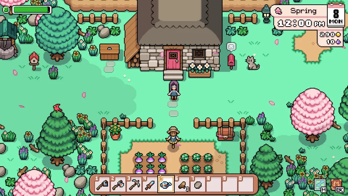 A spring farm in Fields of Mistria with crops, trees, and the player's house